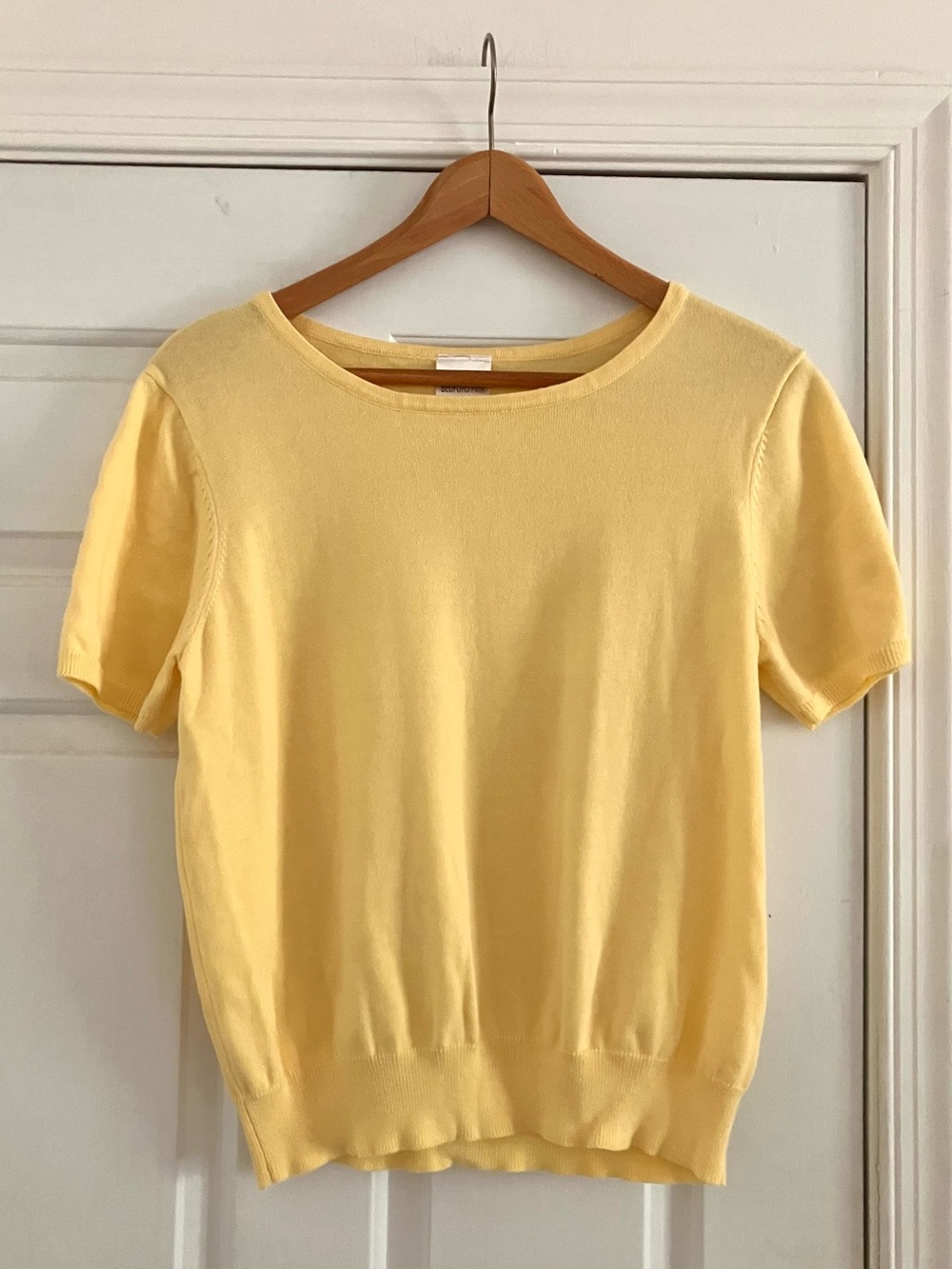 Bedford Fair Butter Yellow Short Sleeve Grandma Coastal Sweater-Size PetiteLarge